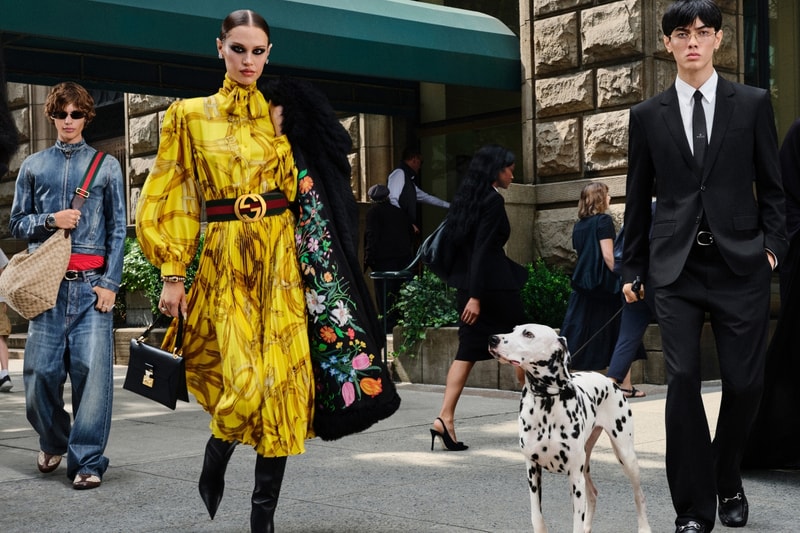 gucci, dalmatian, dog, new york, monogram, denim, jeans, yellow silk dress, city
