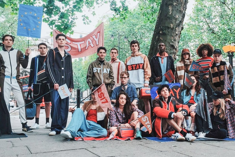 對於英國脫歐-時裝設計師 Daniel W Fletcher 在場外抗議高呼「STAY」