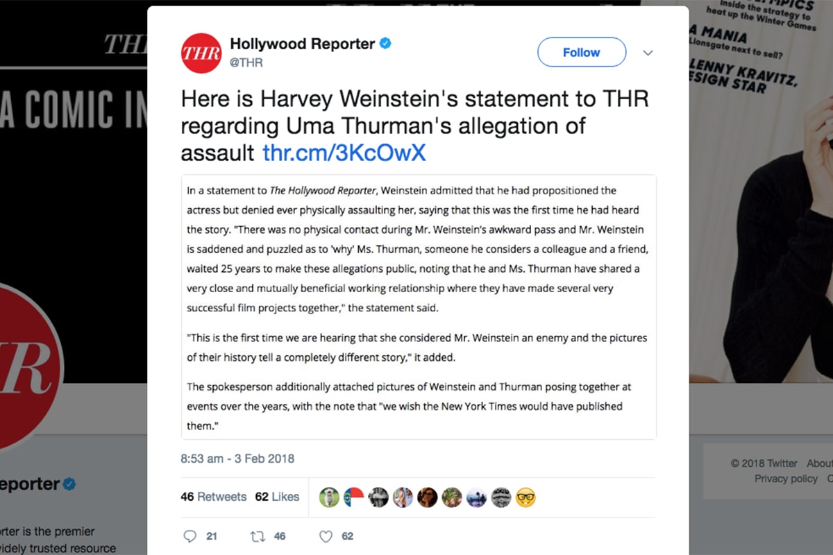 Uma Thurman 驚曝曾被演員強姦及遭 Harvey Weinstein 企圖性侵
