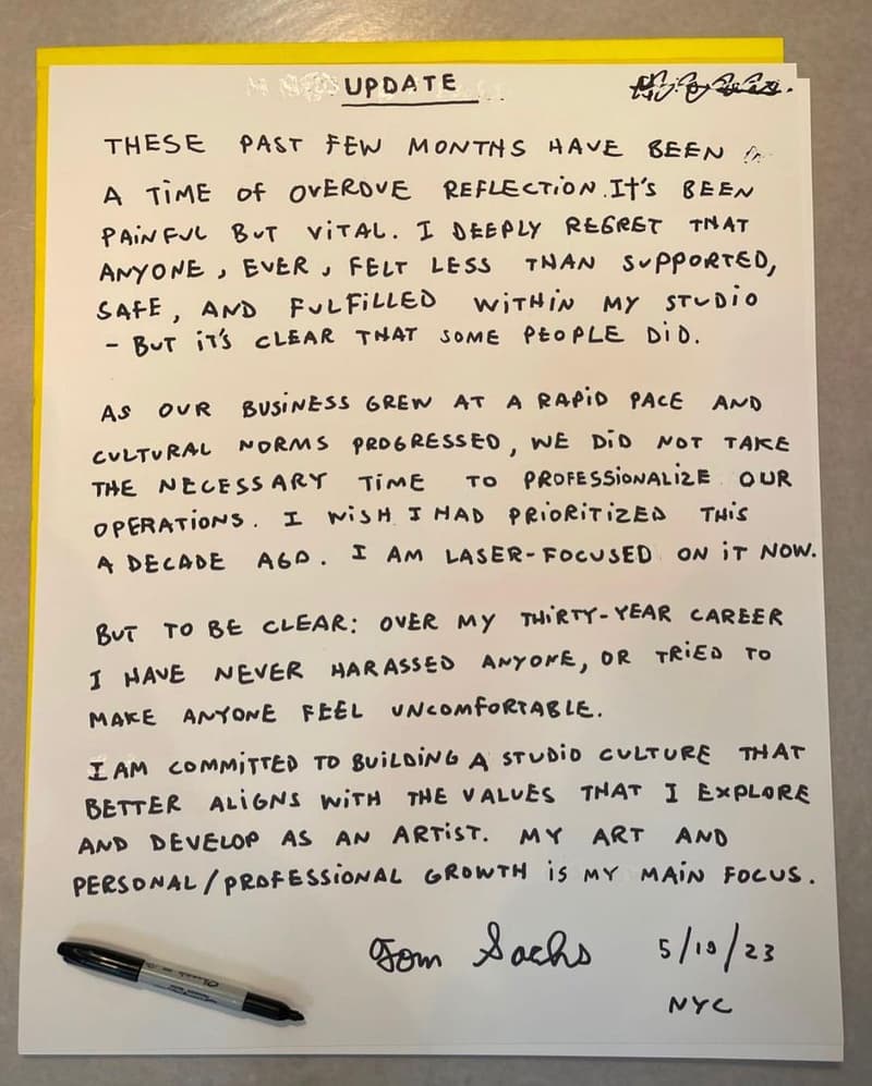 Tom Sachs 公開發佈聲明為工作室的「惡劣環境」致歉