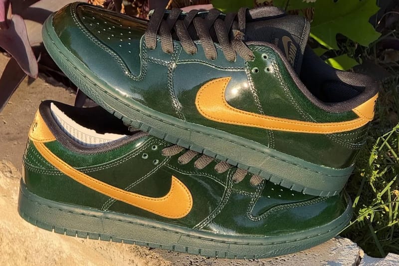 Nike SB Dunk Low glänzt in Green Patent und Metallic Gold