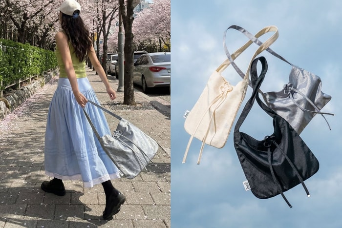 Everyone’s favorite Korean-style knot is back: from baseball caps to tote bags, ONGO’s pearl-shine nylon bag is definitely this season’s elegant standout