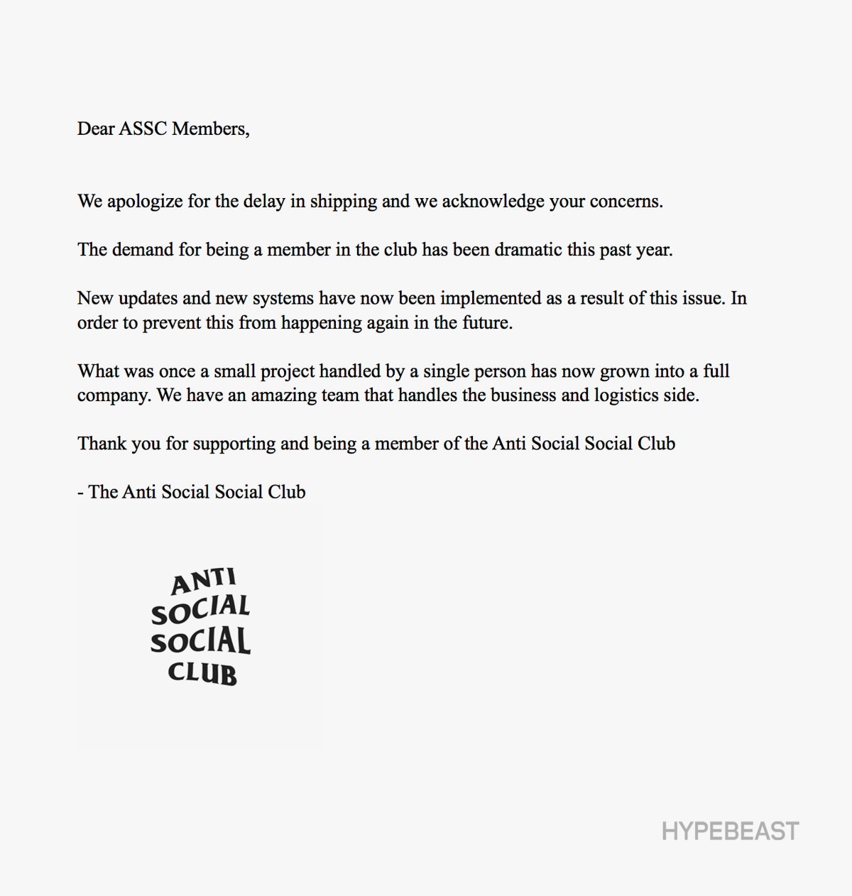 Lettre Excuse Anti Social Social Club Retards Livraison Suite Aux Réclamations Clients