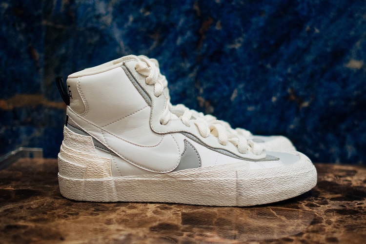 Premier aperçu détaillé des sacai x Nike Blazer et LDV Waffle Daybreak dans leur coloris "White/Grey"