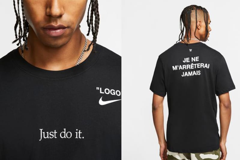 Virgil Abloh dévoile un tee-shirt et une casquette Nike  avec l'inscription en français : "Je ne m'arrêterai jamais"