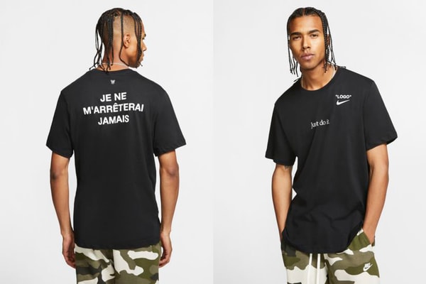 Virgil Abloh dévoile un tee-shirt et une casquette Nike  avec l'inscription en français : "Je ne m'arrêterai jamais"