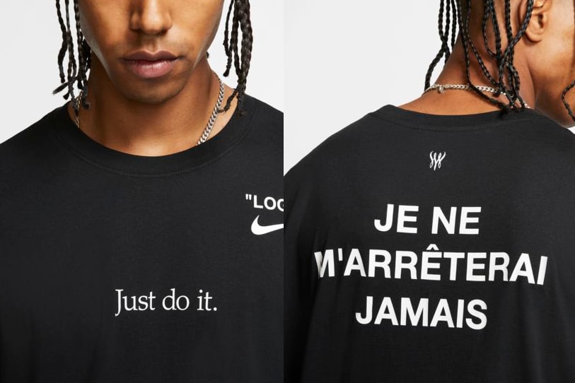 Virgil Abloh dévoile un tee-shirt et une casquette Nike  avec l'inscription en français : "Je ne m'arrêterai jamais"
