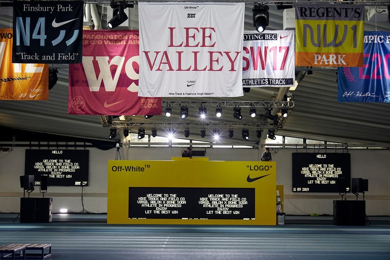 Photos - Virgil Abloh s'installe sur une véritable piste d'athlétisme à Londres pour présenter sa nouvelle collection Off-White™ x Nike