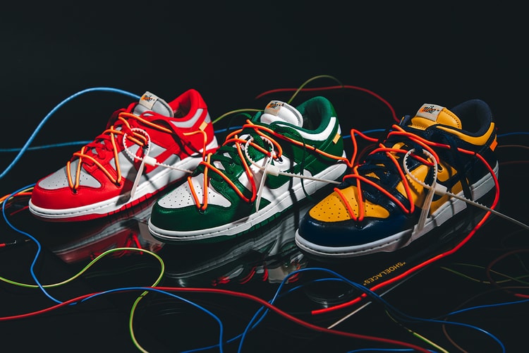 Gros plan sur la Off-White™ x Nike Dunk Low dans ses trois coloris