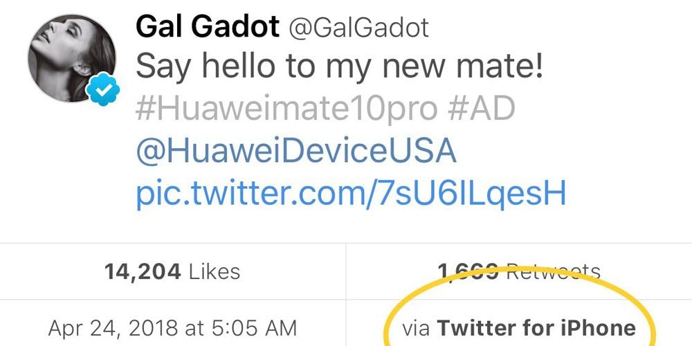Gal Gadot 以 iPhone 發 Twitter 帖文大讚 Huawei Mate 10 手機