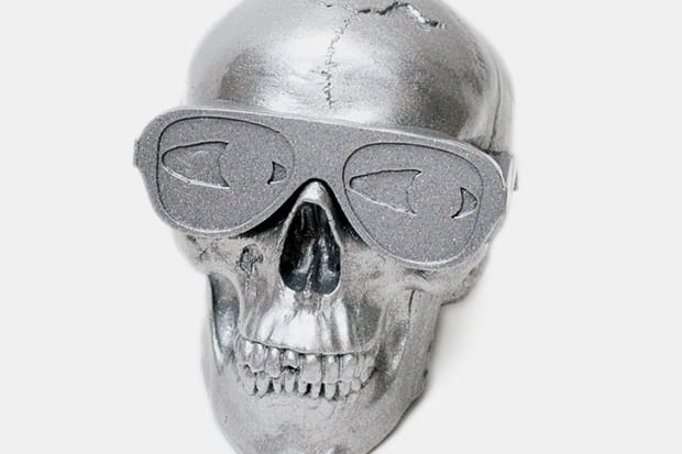 Gypsum Skull Sculpture by Michael Leon Metallic Silver Edition