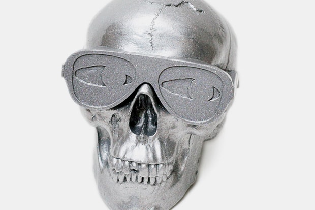 Gypsum Skull Sculpture by Michael Leon Metallic Silver Edition