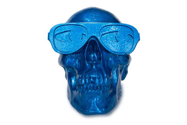 Gypsum Skull Sculpture by Michael Leon Metallic Blue Edition