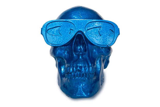 Gypsum Skull Sculpture by Michael Leon Metallic Blue Edition