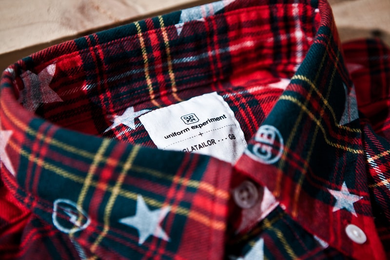 uniform experiment x ENGLATAILOR STAR PRINT FLANNEL CHECK B.D SHIRT