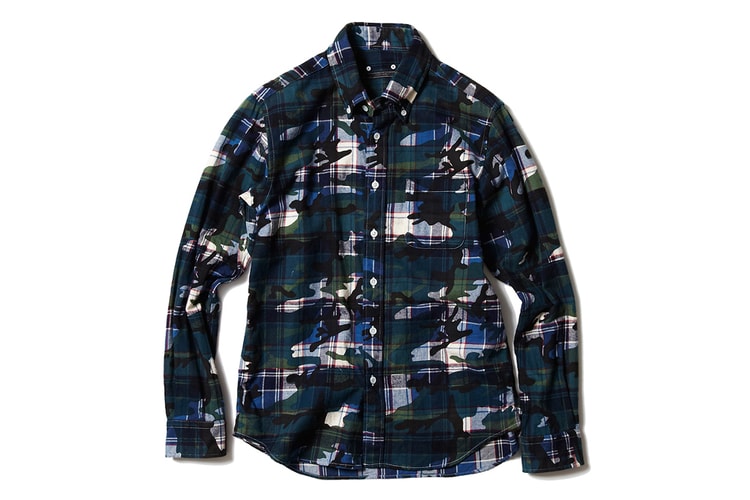 SOPHNET. CAMOUFLAGE OVER PRINT FLANNEL B.D SHIRT