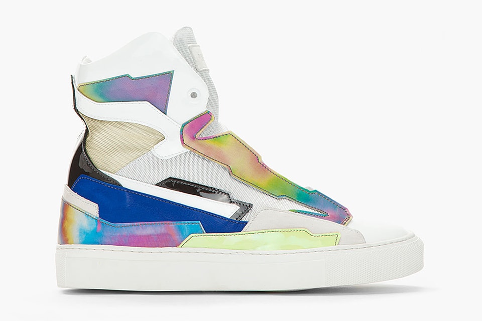 Simons White & Blue Leather Holographic Space Sneakers | Hypebeast