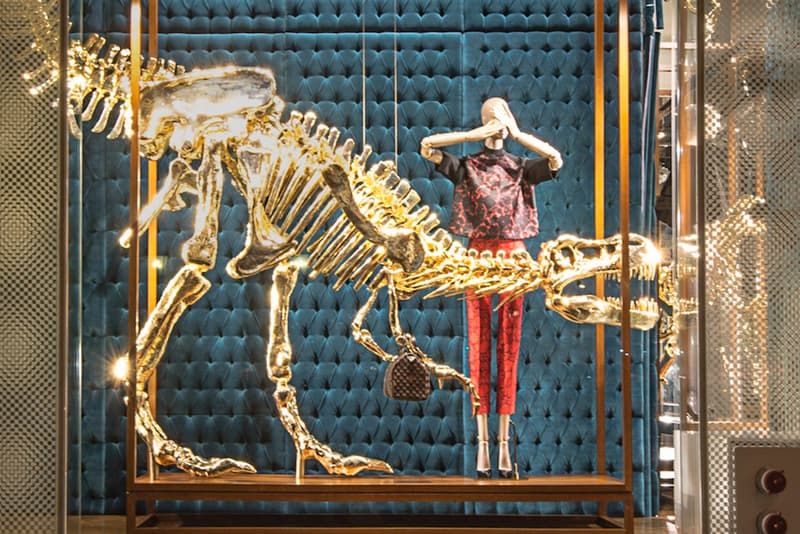 Gilded Dinosaur Skeleton Installation at Louis Vuitton New York