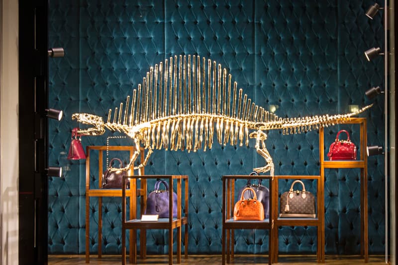 Gilded Dinosaur Skeleton Installation at Louis Vuitton New York