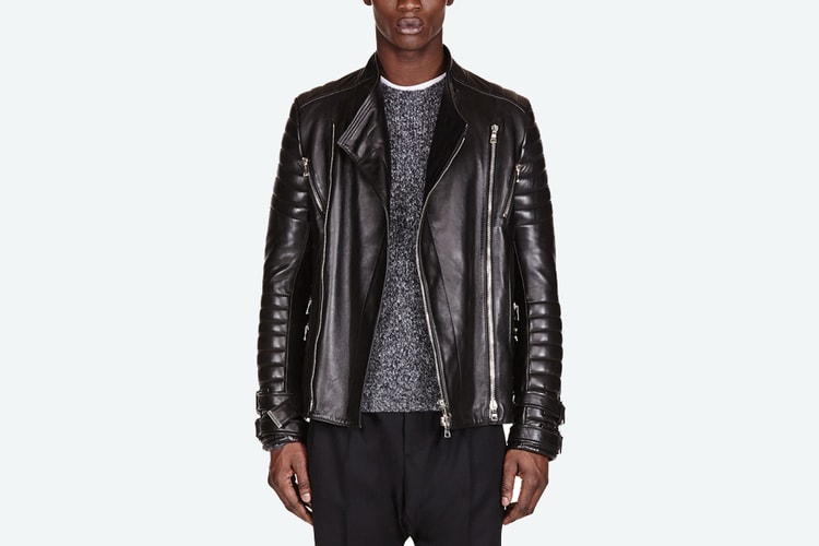 Balmain Black Leather Ribbed Biker Jacket