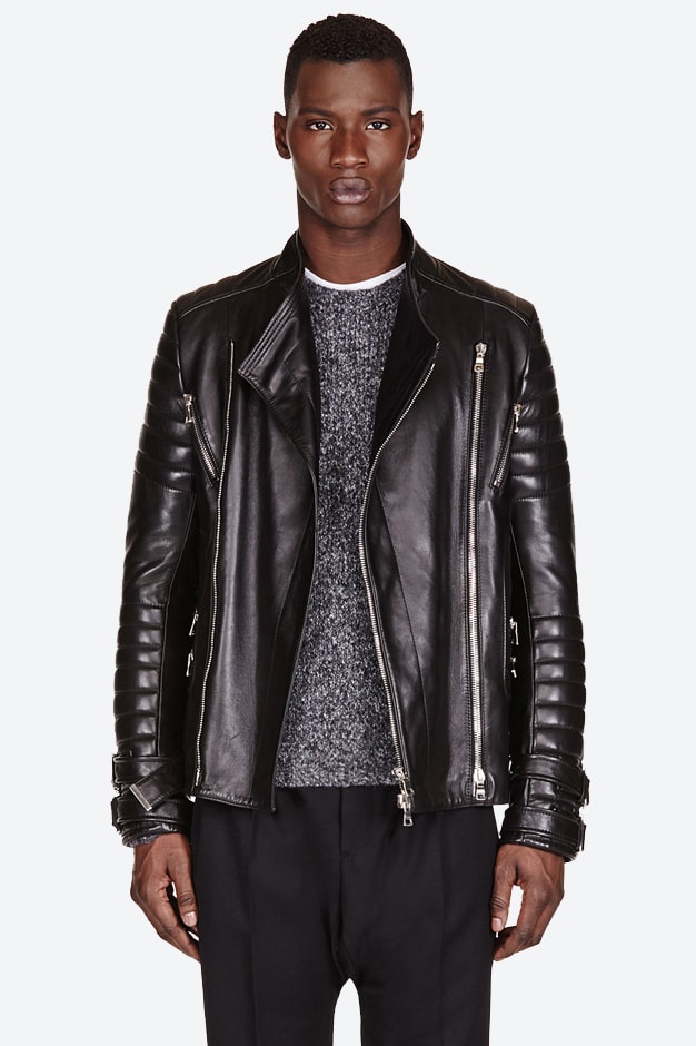 Balmain Black Leather Ribbed Biker Jacket