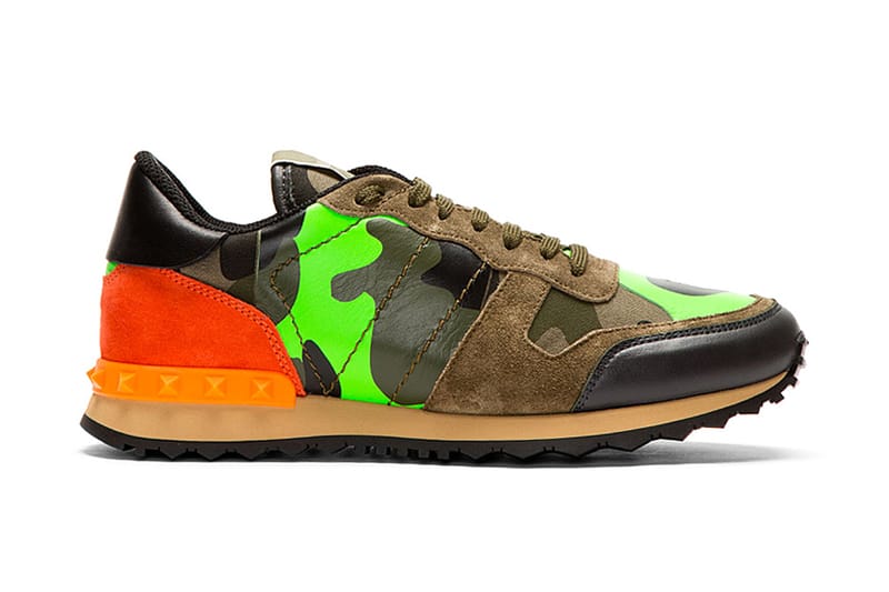 Valentino Green Camo Leather and Suede Studded Sneakers