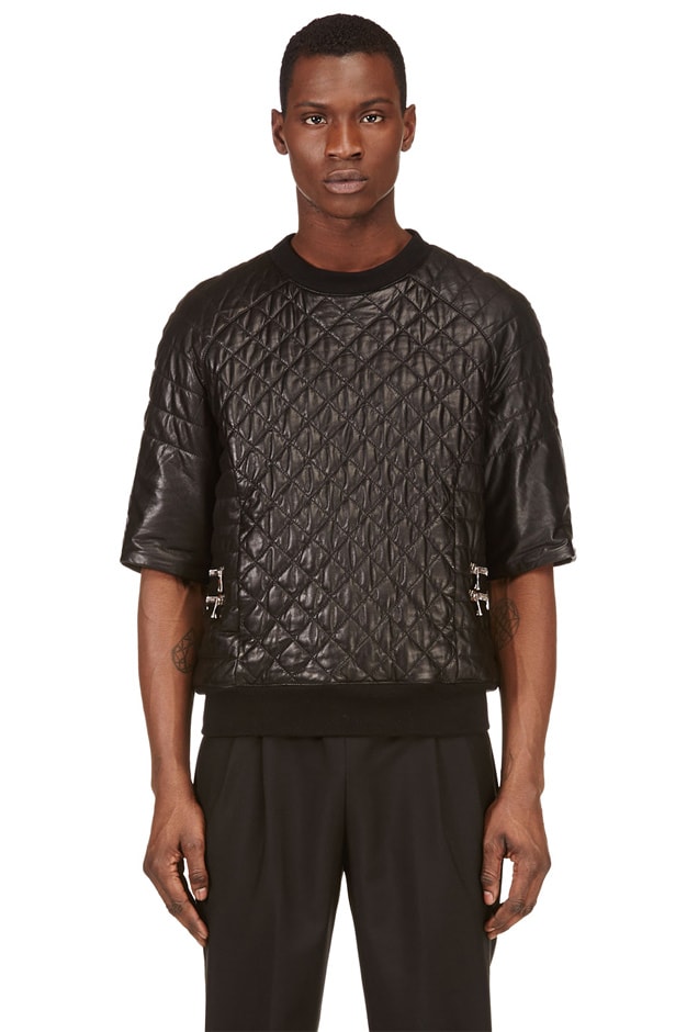 Balmain Black Short-Sleeve Quilted Leather Top