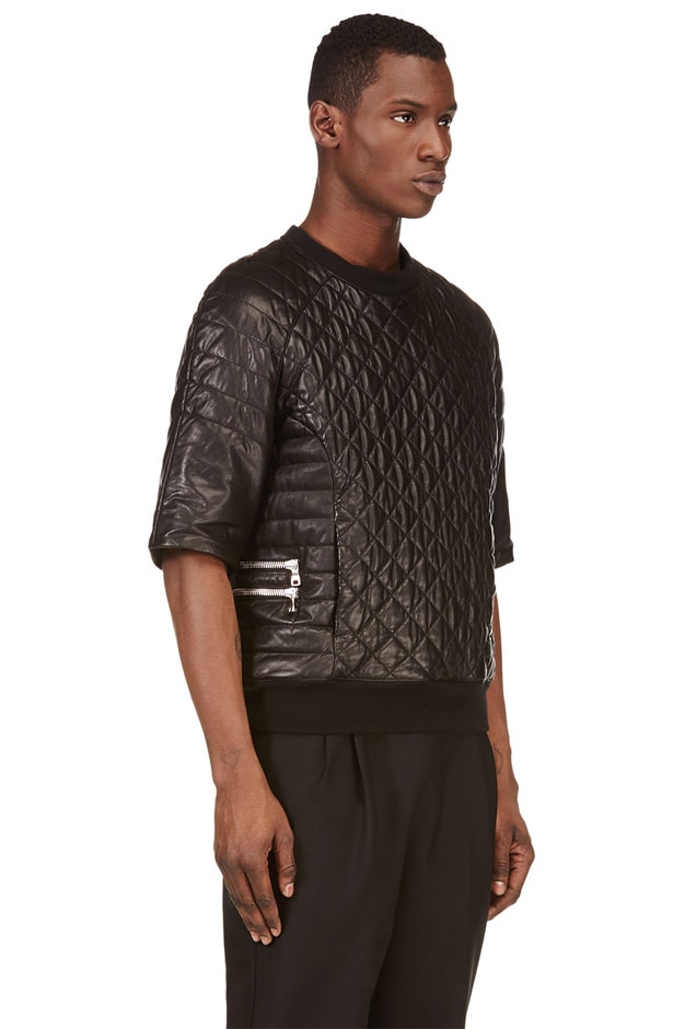 Balmain Black Short-Sleeve Quilted Leather Top