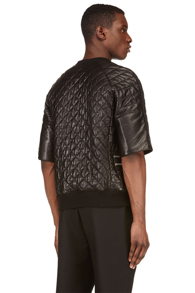 Balmain Black Short-Sleeve Quilted Leather Top