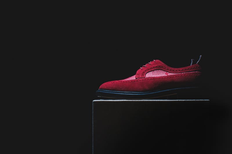 Thom Browne Long Wing Shoe Red Suede and Red Anchor Cotton Stamp Jacqaurd