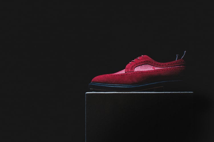 Thom Browne Long Wing Shoe Red Suede and Red Anchor Cotton Stamp Jacqaurd