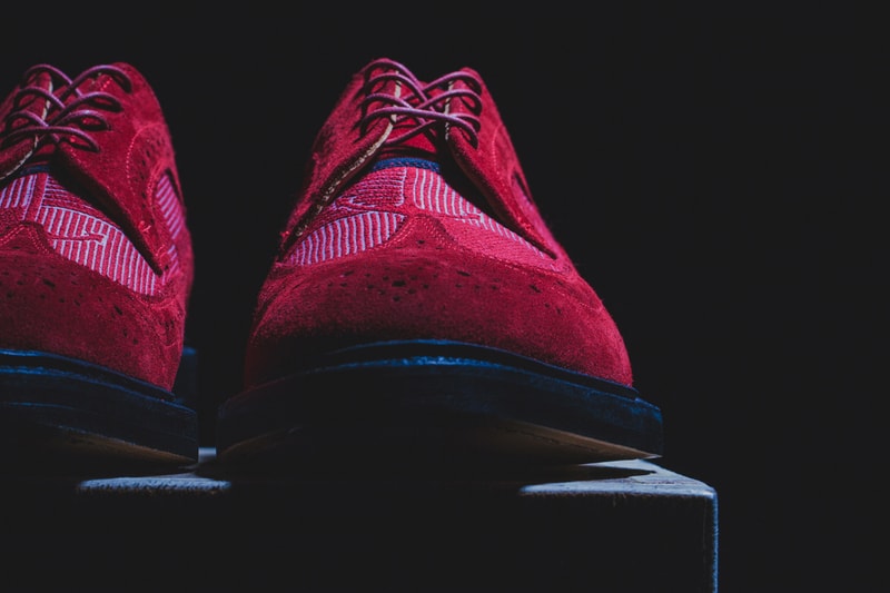 Thom Browne Long Wing Shoe Red Suede and Red Anchor Cotton Stamp Jacqaurd