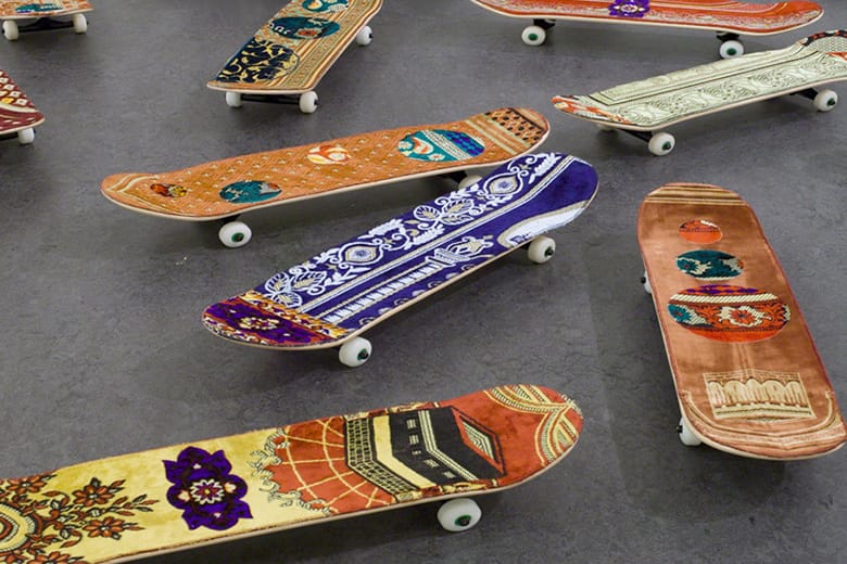 Skateboards Fitted with Prayer Rugs by Mounir Fatmi at Miami UNTITLED Art Fair