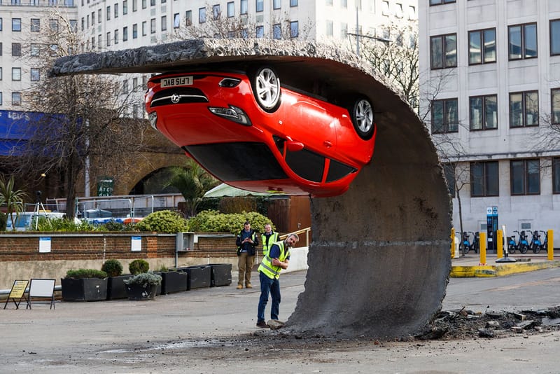 London Art Installation is an Upside Down Opel / Vauxhall Corsa Supermini