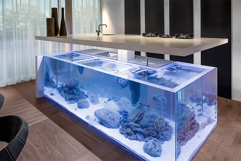 Robert Kolenik's Kitchen Island Doubles as a Lavish Aquarium