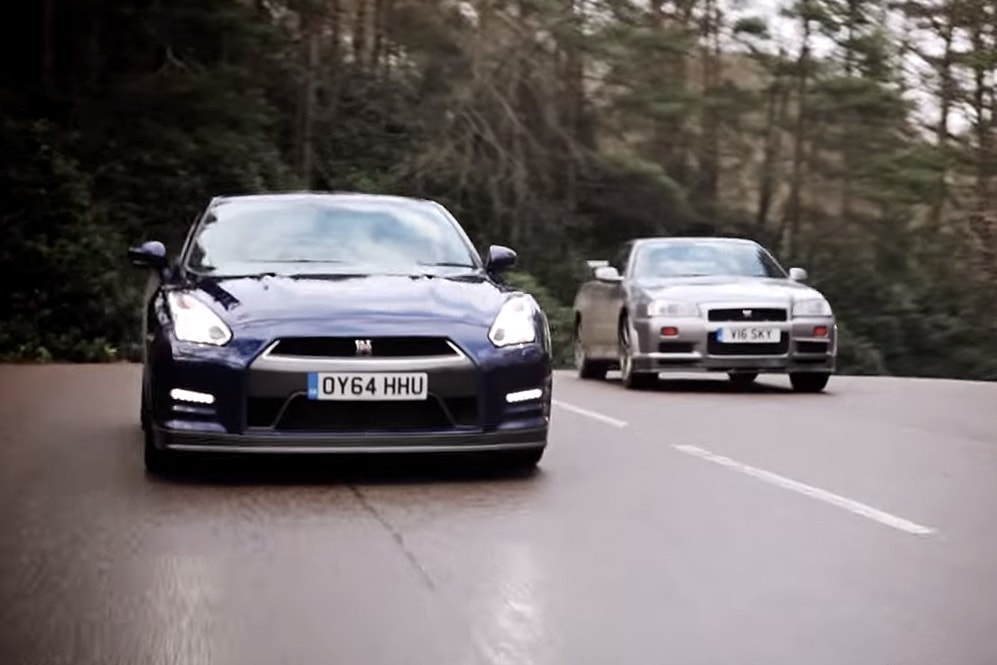 Different Generations of the Nissan GT-R Face Off Including the R34 and R35