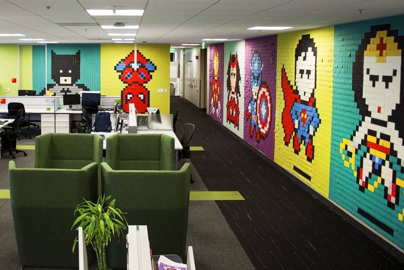 An 8-Bit Superhero Mural Constructed Out of 8,024 Sticky Notes