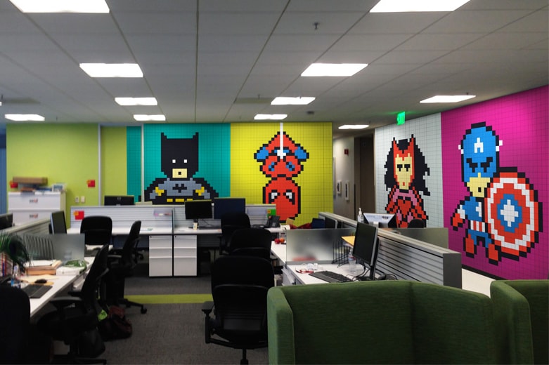An 8-Bit Superhero Mural Constructed Out of 8,024 Sticky Notes
