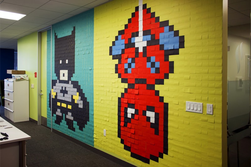 An 8-Bit Superhero Mural Constructed Out of 8,024 Sticky Notes