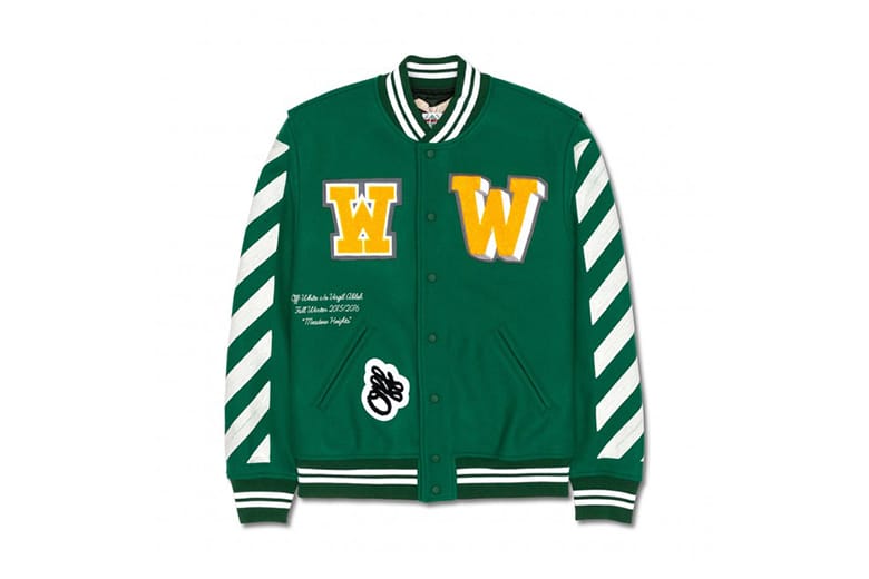 off white varsity jacket green