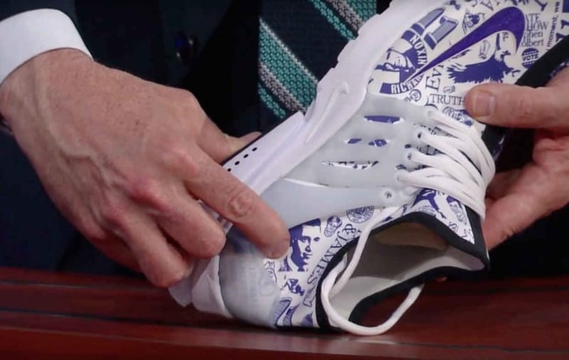 Phil Knight Presents Stephen Colbert With a Pair of Bespoke Nike Air Prestos