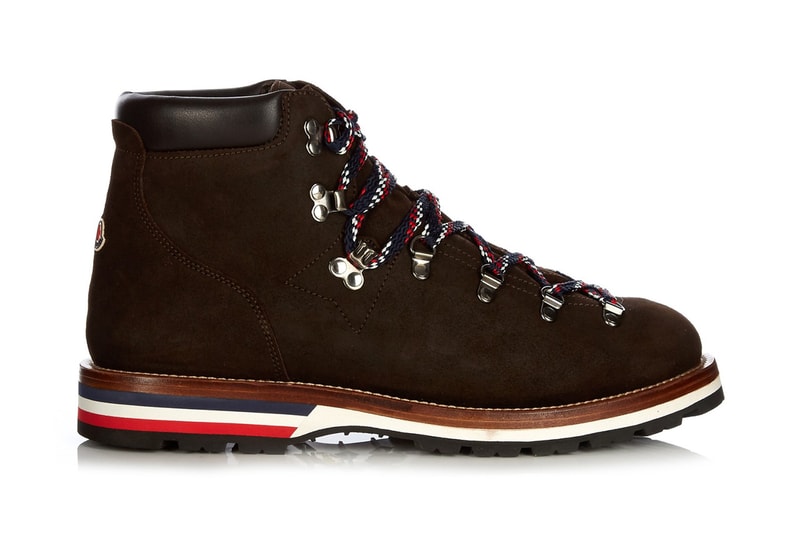 Moncler Peak Ankle Boots chocolate brown suede red white blue heel laces