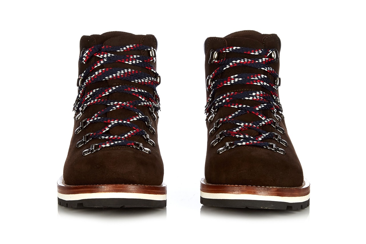 Moncler Peak Ankle Boots chocolate brown suede red white blue heel laces