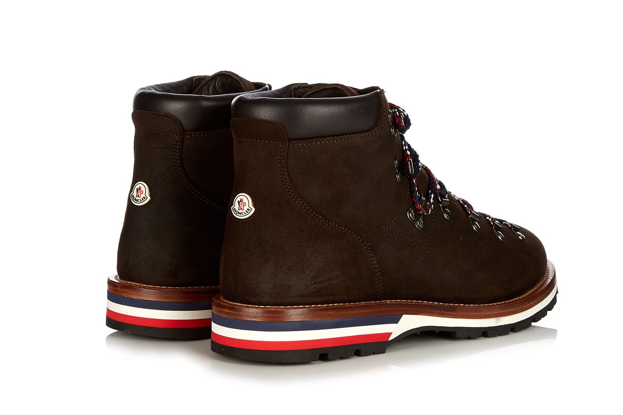 Moncler Peak Ankle Boots chocolate brown suede red white blue heel laces
