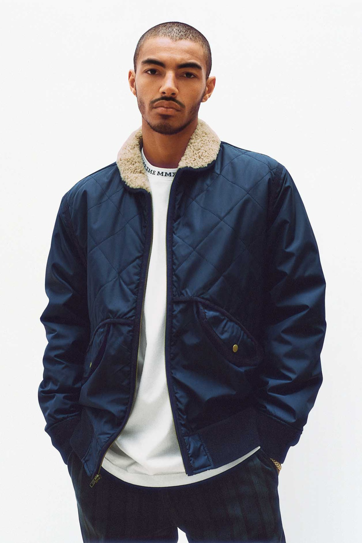 Supreme Quilted Shearling Navy Jacket