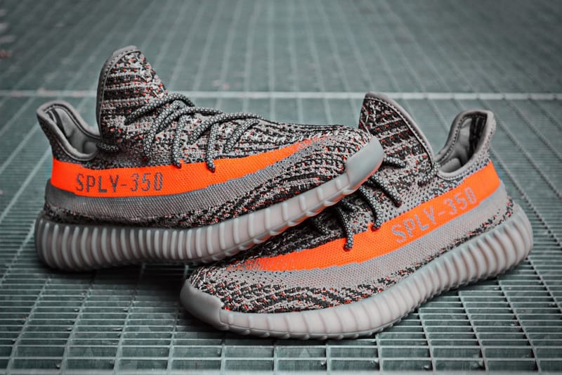 grey yeezy with orange stripe