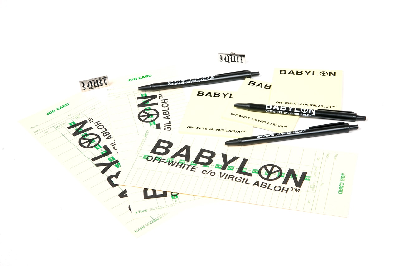 Babylon LA x OFF WHITE "I Quit" Collaboration black white t-shirts hat pin stickers pens notepad pop-up tokyo