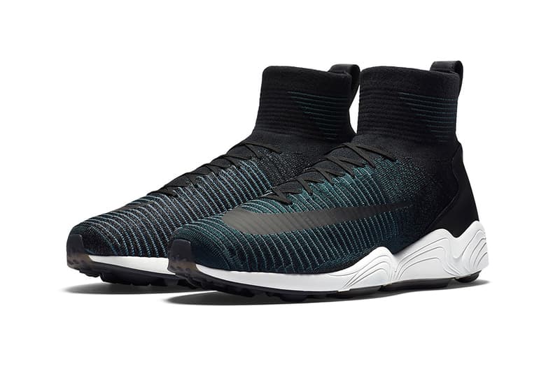 Nike Mercurial Flyknit IX Seaweed tonal teal Nike Zoom Spiridon white midsole black swoosh