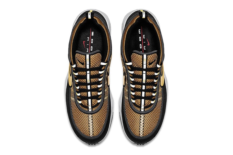 The Nike Zoom Spiridon "Metallic Gold" Receives a Release Date  metallic gold Nike Swoosh white midsole black nikelab