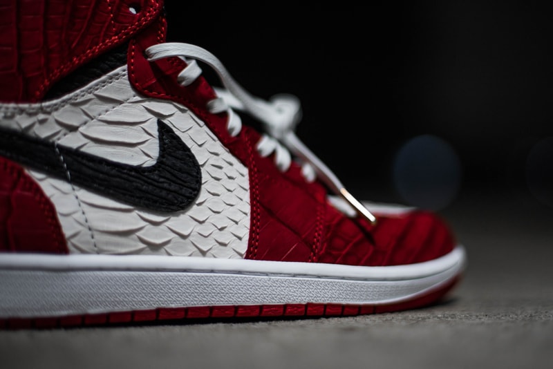 Shoe Surgeon's Exotic Custom-Made Air Jordan 1s Gator White Python Black shark white leather laces white mid-sole